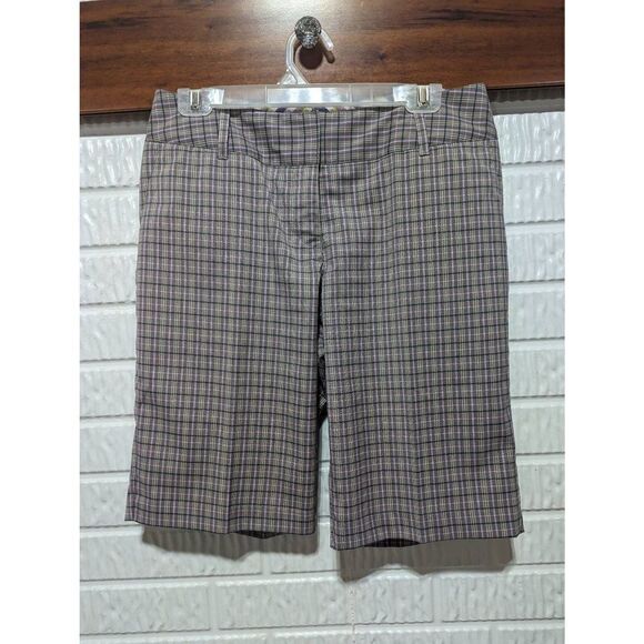 Adidas Women's Tan Lavender Plaid Flat Front Stretch Bermuda Golf Shorts Size 8 - Picture 1 of 6